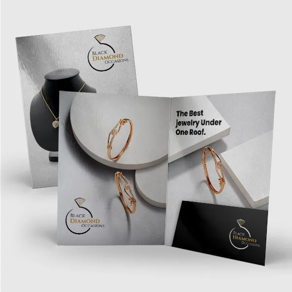 Pearl presentation folder promotional product, elegant gray and gold design with jewelry imagery
