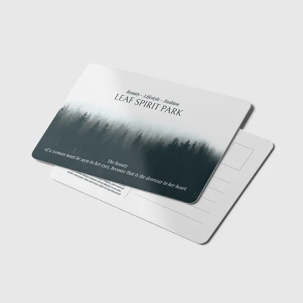 Plastic Postcards Misty forest promotional postcards with minimalist design in white and dark gray tones