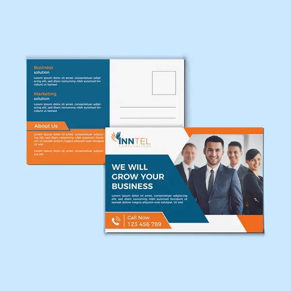 Direct Mail Postcards Direct Mail Postcards with blue orange color scheme and business team design, promotional product template