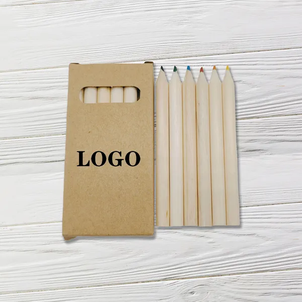 Pre-sharpened colored pencils set with kraft box, promotional product on white wood background