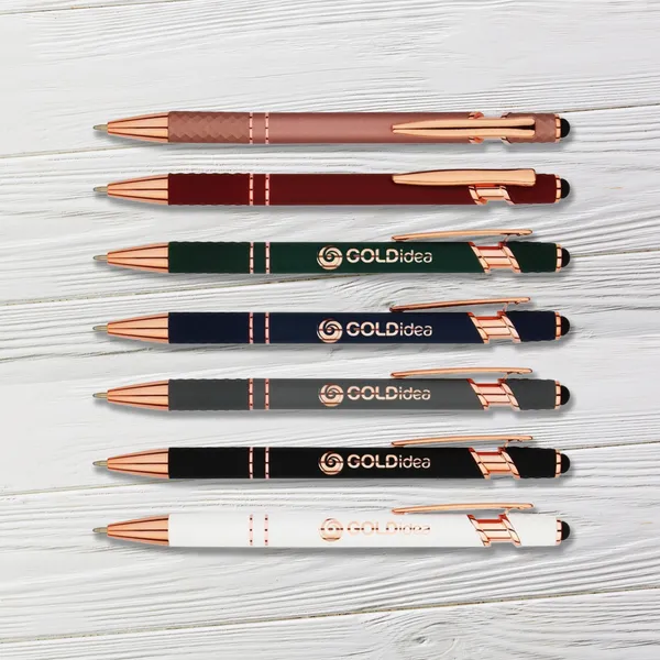 Rose gold metal pens with soft touch grip in multiple color options for promotional products