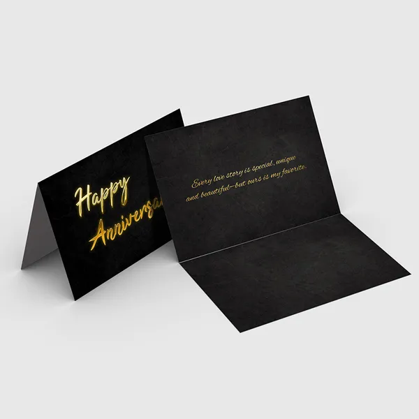 Raised Foil Greeting Cards Black greeting cards with gold foil text, custom printed folded notecard design