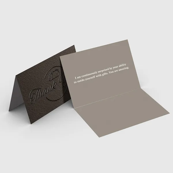 Raised Spot UV greeting cards in taupe and dark brown with custom notepad design