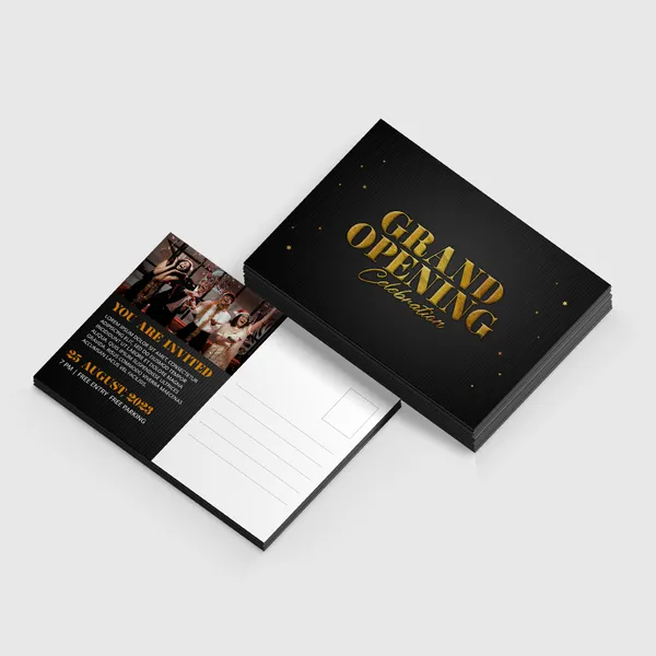 Raised Foil Postcards - Black custom postcards with gold foil text and decorative elements