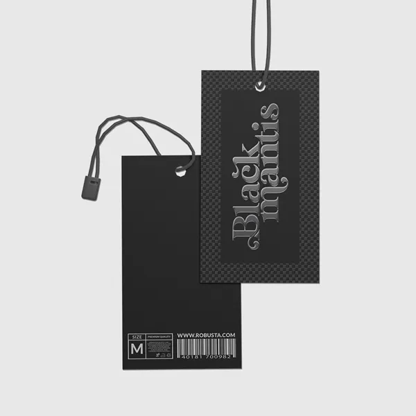 Raised Spot UV Hang Tags Black raised spot UV hang tags with string, size M, promotional product labeling