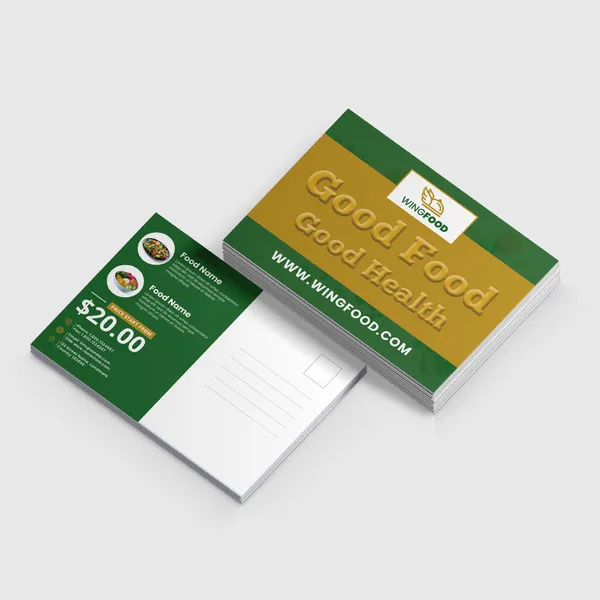 Raised Spot UV Postcards in green and gold with custom notepad design