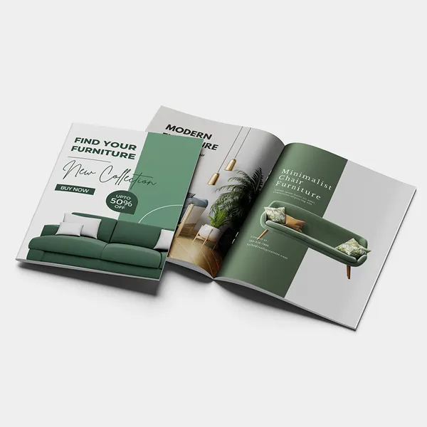Saddle Stitch Catalogs in green and white, custom promotional product with furniture design layout