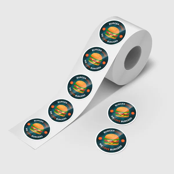 Semi-Gloss Roll Labels Semi-gloss roll labels with burger design on white roll, custom promotional product stickers