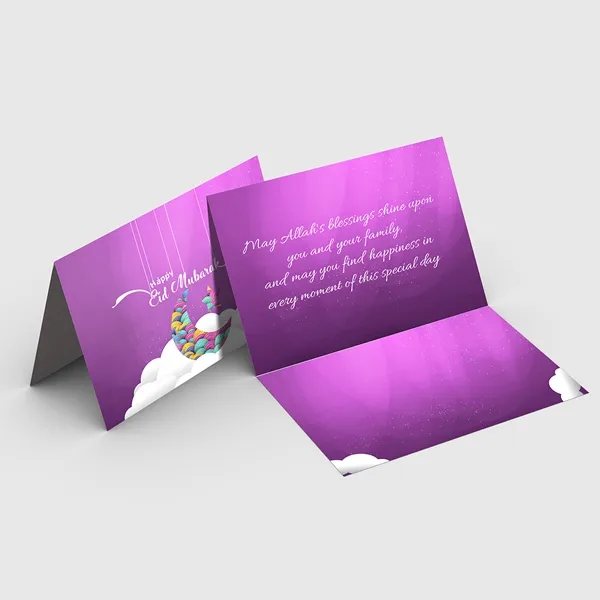 Purple silk greeting cards with rainbow unicorn design and white clouds, custom promotional cards