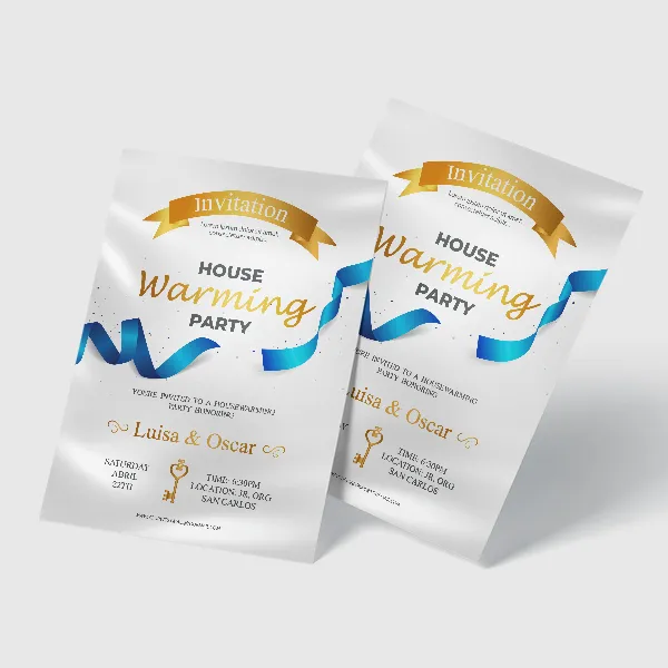 Silk Announcement Cards in white with gold and blue ribbon design, custom notepad promotional product