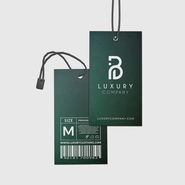 Silk Hang Tags Green silk hang tags with dark cord, size M, luxury custom promotional product labels