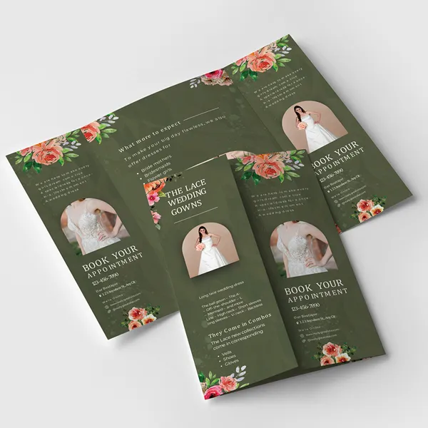Custom tri-fold brochures with olive green background and coral floral design elements