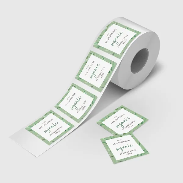 Square roll labels with green watercolor border design on white background, custom promotional product