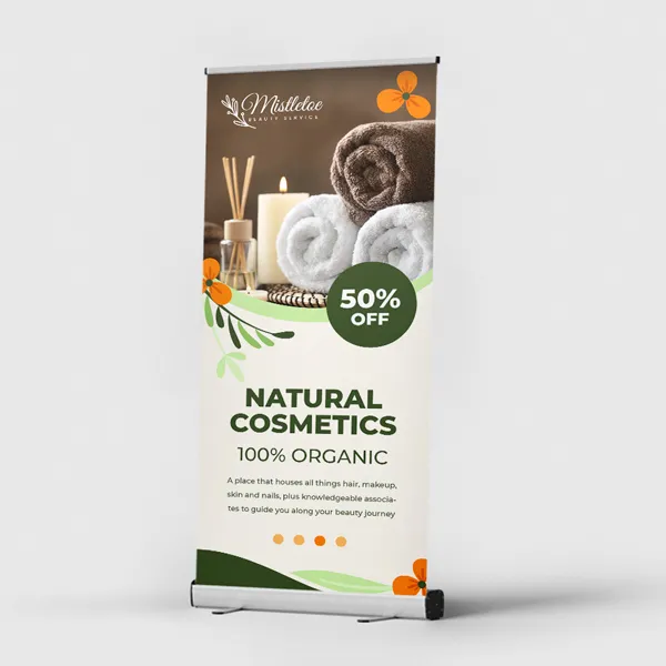 Standard Retractable Banner Stands Standard retractable banner stand with natural cosmetics design, beige and green color scheme