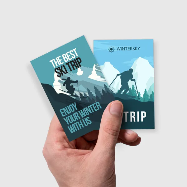 Suede Trading Cards Suede Trading Cards in teal and navy with mountain ski design, custom notepad promotional product