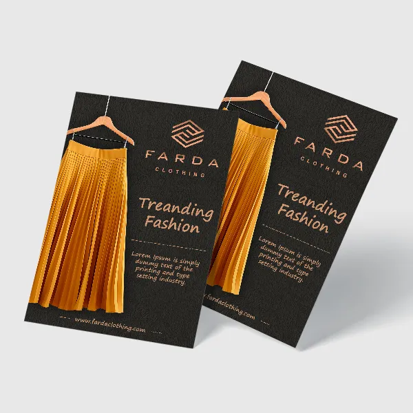 Black custom announcement cards with gold pleated skirt design and wooden hanger graphic