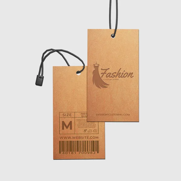 Tan suede hang tags with black string, custom clothing labels for retail apparel