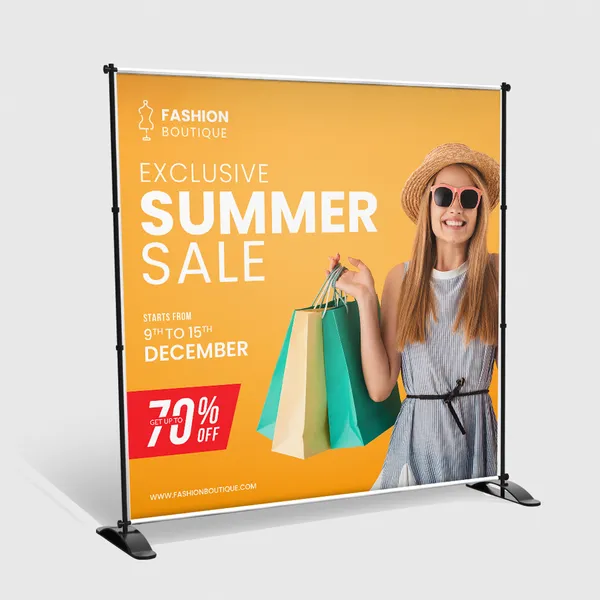 Telescopic Backdrop Banner Stands Telescopic Backdrop Banner Stand with yellow promotional display banner