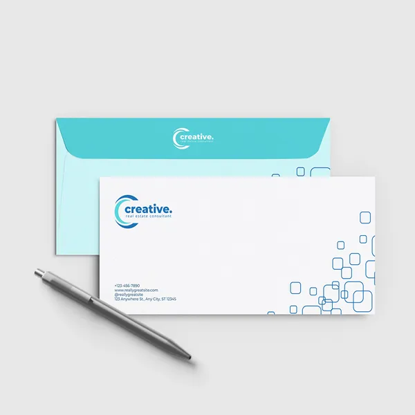 Turquoise and white custom envelope with notepad set and pen, promotional product mockup
