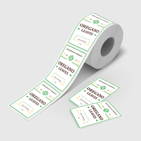 White BOPP roll labels with green border design, custom promotional product labels on dispenser roll