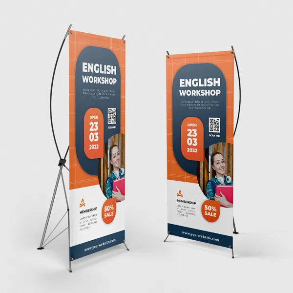 X-Style Collapsible Banner Stands X-Style Collapsible Banner Stands with orange and navy promotional notepad design