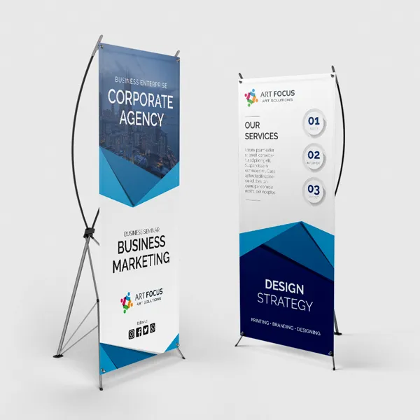 X-Style Collapsible Outdoor Banner Stands X-Style collapsible banner stands with blue and white custom promotional design