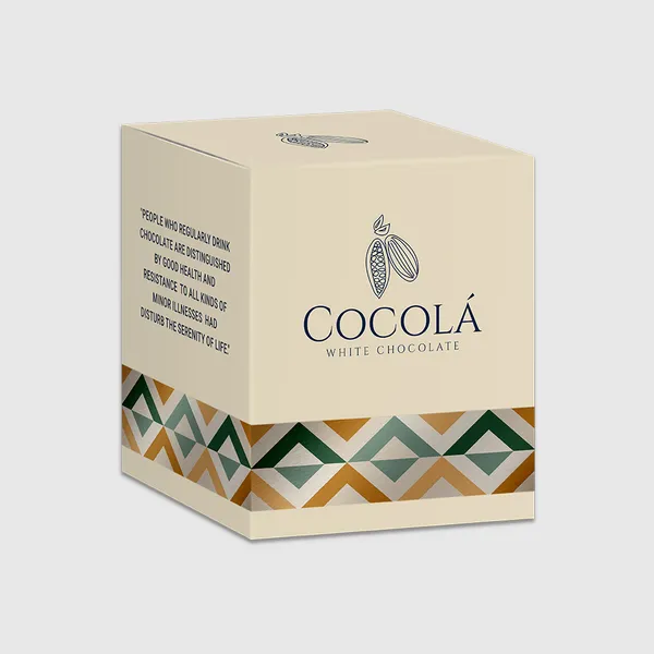 Cream cube box with geometric pattern trim and cocoa pod branding design
