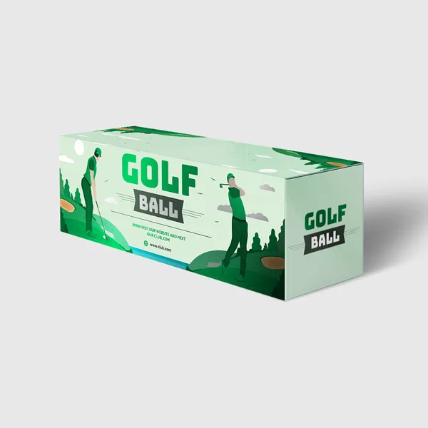 Mint green custom golf ball packaging box with silhouette golfer illustrations and dark green accents