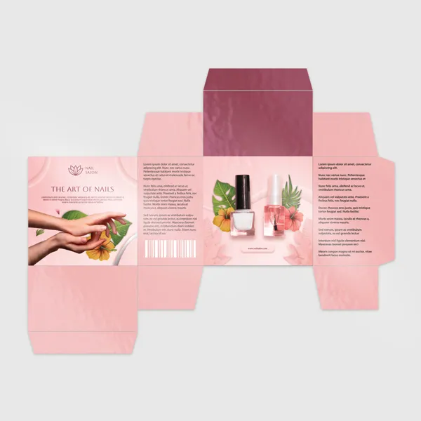 Pink custom print boxes with die-cut flap design and burgundy lid, flat lay mockup