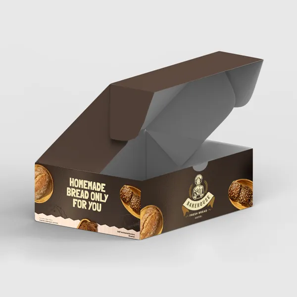 Brown kraft roll end tuck box with bread imagery, custom promotional product packaging
