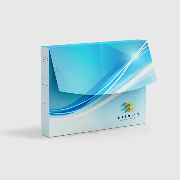 Custom blue and white presentation box with modern wave design and foil accents