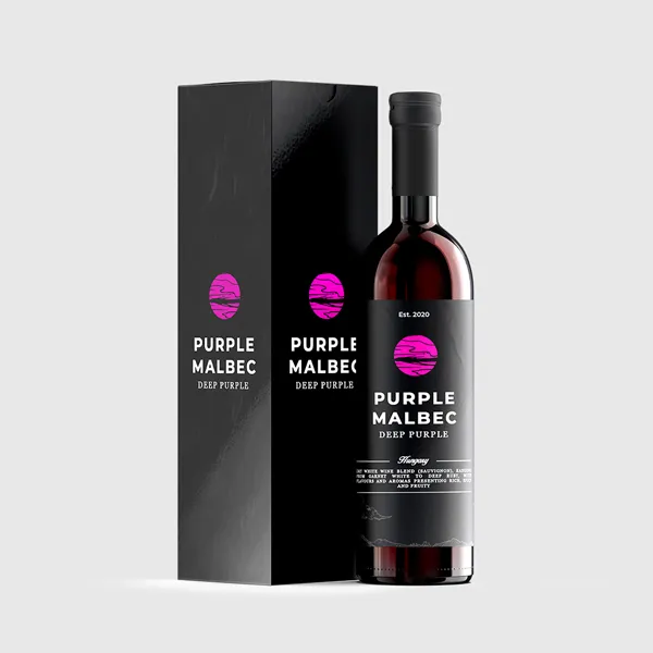 Black wine bottle box with magenta logo, custom promotional packaging design