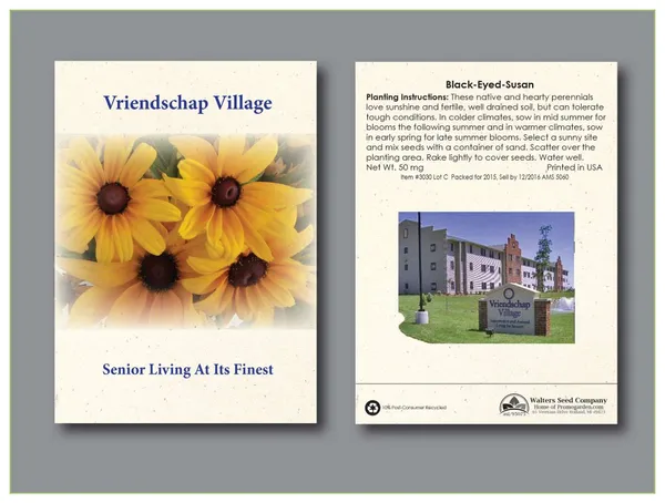 Black Eyed Susan flower seed packet promotional product with yellow blooms and dark centers