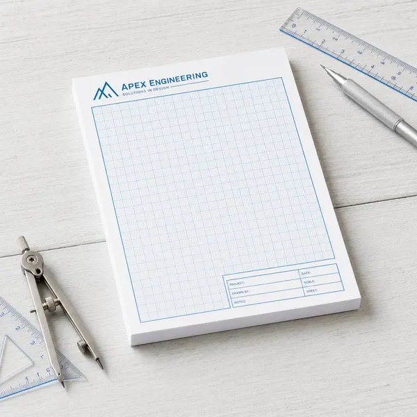 Custom engineering graph paper pad with blue grid, logo and title block, shown with a compass, ruler and pencil