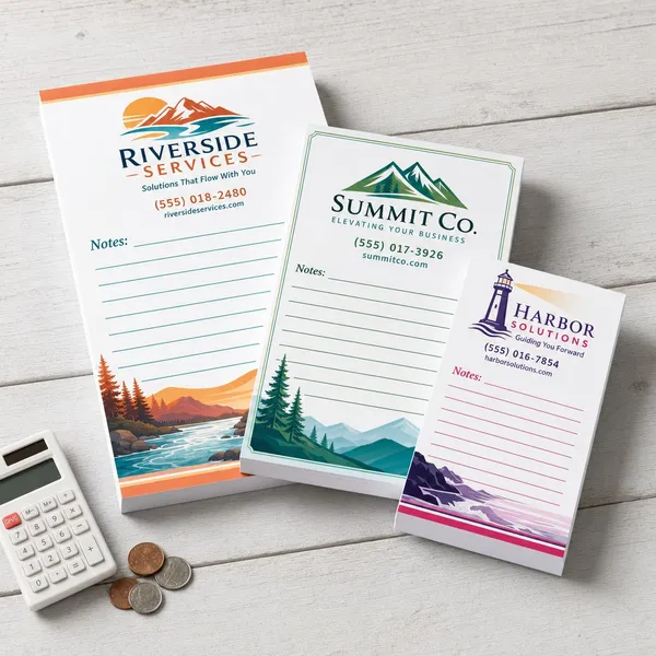 Three affordable full-color custom notepads with logo, lined notes and scenic landscape art, beside a calculator and coins