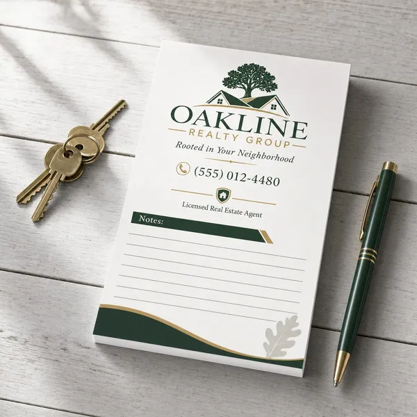 Custom notepad 5.5x8.25 with yellow smiley design and professional headshot on white cover