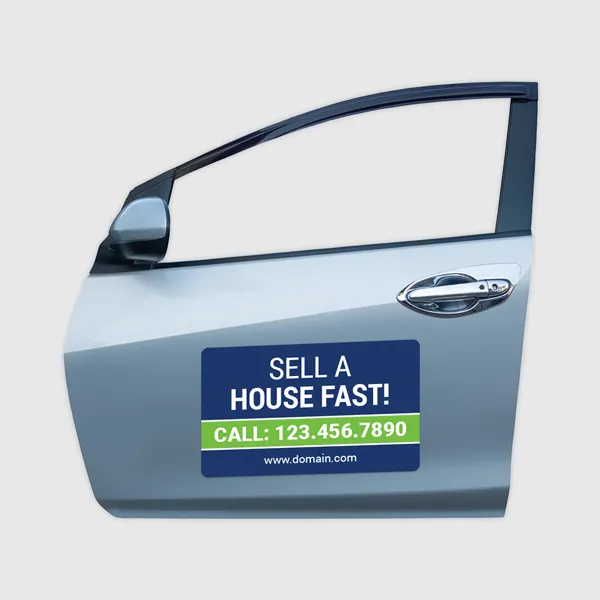 Car Door Magnets Blue car door magnet promotional product with white text and green accent stripe