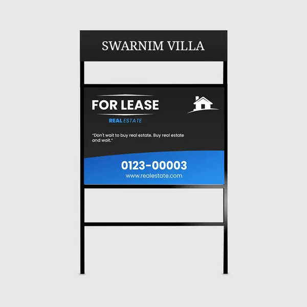 Black and white coroplast rider sign with blue accent band, custom promotional product