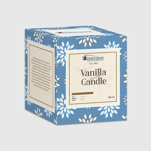 Blue floral cube box packaging with cream label, 300ml vanilla candle promotional product