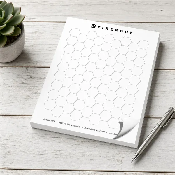 Large hex pattern custom notepad pad, 8.5 x 11 inches, white grid design on white paper