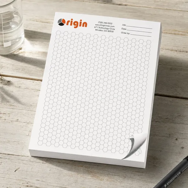 Custom Hex Pad, Grid Graph Paper Pad, 8.5" x 11" Small Hex Pattern Custom hex pattern notepad 8.5x11 with white grid paper and orange branding area