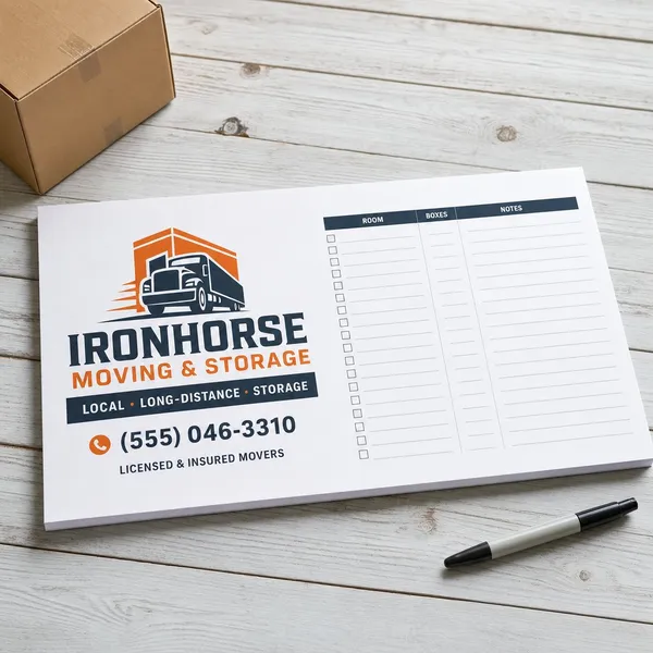 Custom 17 x 11 inch moving company desk pad with a room and box count checklist beside a cardboard box
