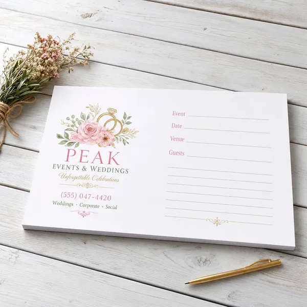 Custom 18 x 12 inch event and wedding planner desk pad with floral logo, phone and event detail lines, by flowers
