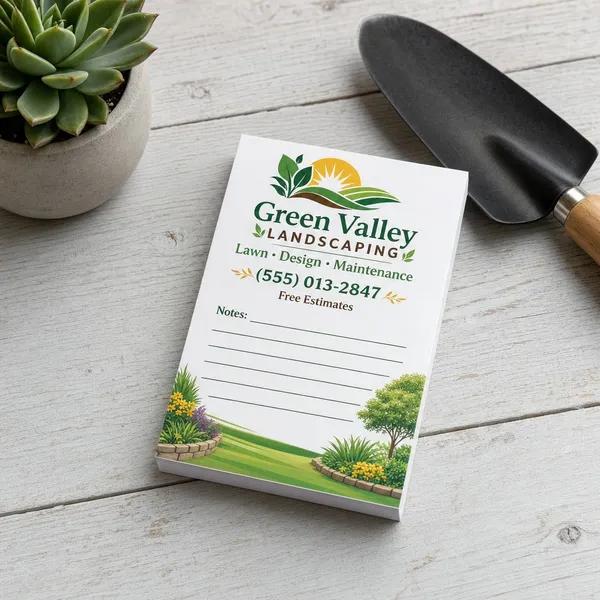 Custom 2 x 3 inch mini notepad for a landscaping business with logo, phone and Notes lines, beside a garden trowel