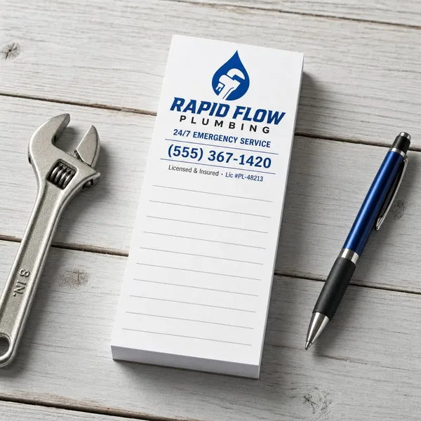 Custom 2 x 4 inch plumbing company notepad with logo, 24/7 service line and lined page, beside a wrench and a blue pen