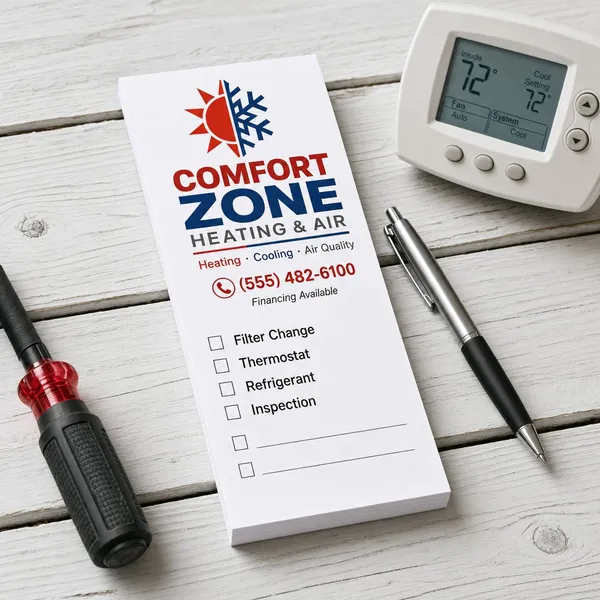 Custom 2 x 6 inch HVAC company list pad with logo, phone and service checkboxes, beside a thermostat and screwdriver