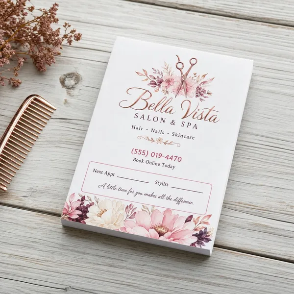 Custom 3.5 x 4.25 inch salon and spa jotter pad with pink flowers, scissors logo, phone and Next Appt lines, by a comb