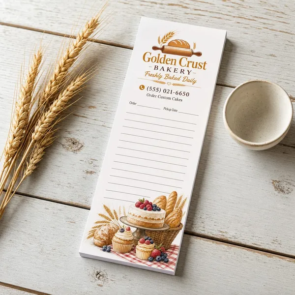 Custom 3.5 x 8.5 inch Golden Crust Bakery order pad with Order and Pickup Date lines and wheat