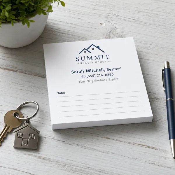 Custom 3 x 3 inch Summit Realty Group lined notepad with house keys, a navy pen and a plant