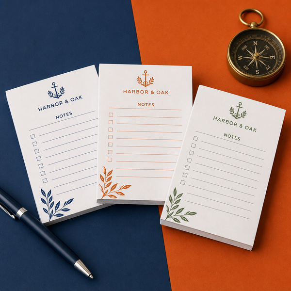 3" x 4" Custom Notepads Custom 3 x 4 inch small checklist memo pads with an anchor logo, three pads with a compass and a pen